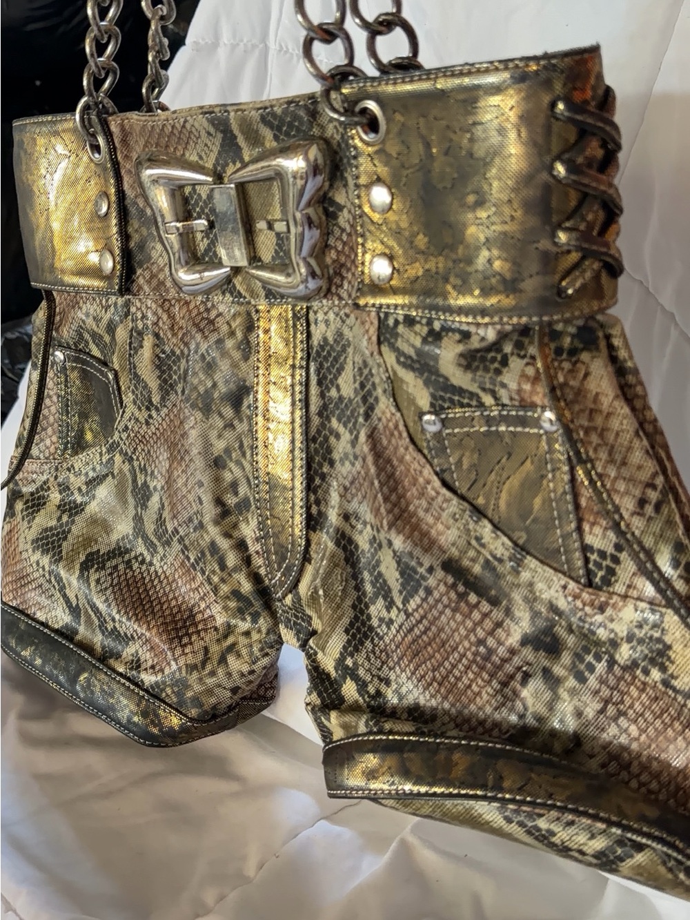 Gold Snakeskin Chain-Handle Bag